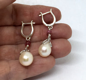 Natural Cultured Pearl and Pink Tourmaline Earrings in Sterling Silver *SOLD*