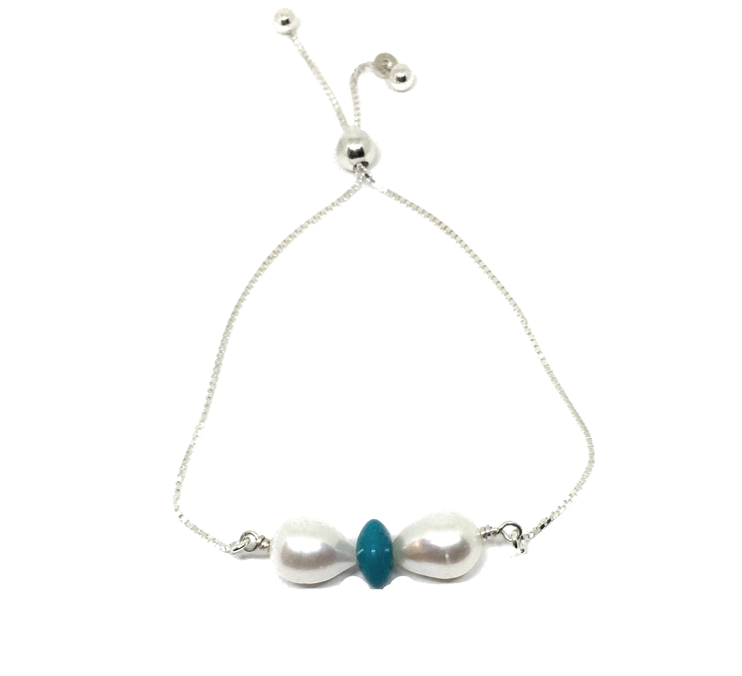 White Pearl and Turquoise Bolo Bracelet in Sterling Silver