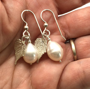 Cultured Freshwater White Pearl Drop Earrings with Sterling Silver Grape Leaves