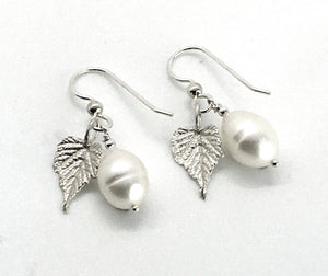Cultured Freshwater White Pearl Drop Earrings with Sterling Silver Grape Leaves