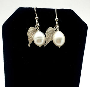 cultured freshwater white pearl earrings with sterling silver grape leaves