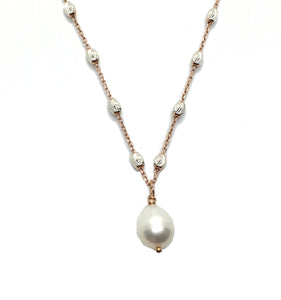 Single Pear Shape Freshwater White Pearl Pendant Necklace on Rose Gold Filled Silver Chain