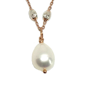 Single Pear Shape Freshwater White Pearl Pendant Necklace on Rose Gold Filled Silver Chain