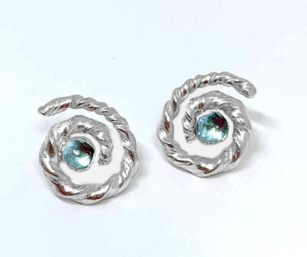 rose cut sky blue topaz spiral earrings in sterling silver with post and friction back