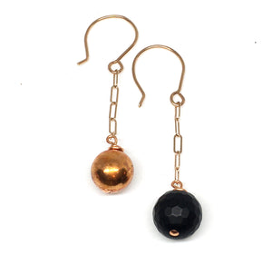 asymmetrical flame painted copper bead and onyx dangle earrings - rose gold filled earwire