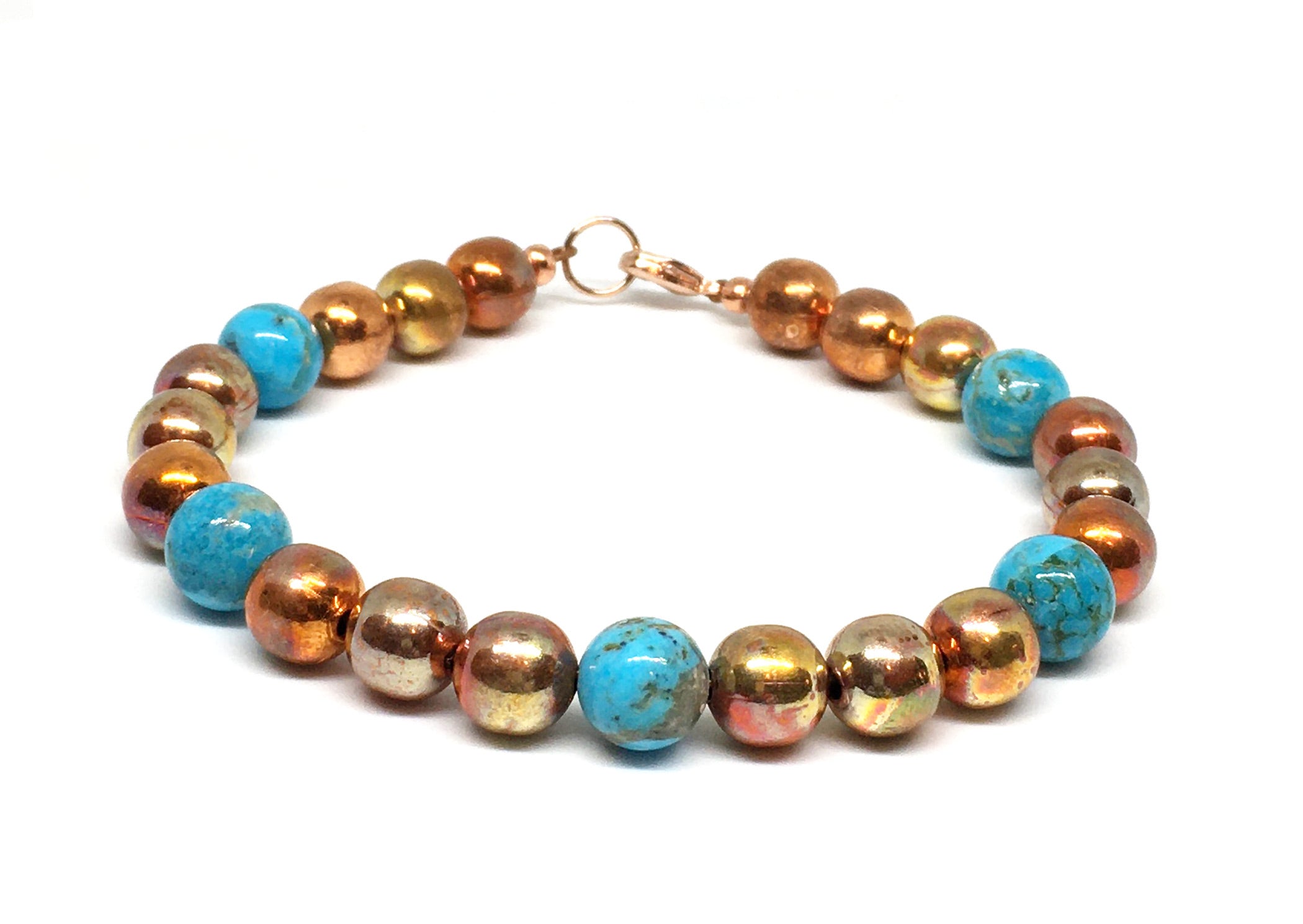Kingman Turquoise and Flame Painted Copper Bead Bracelet - Sonoran Sunset Collection