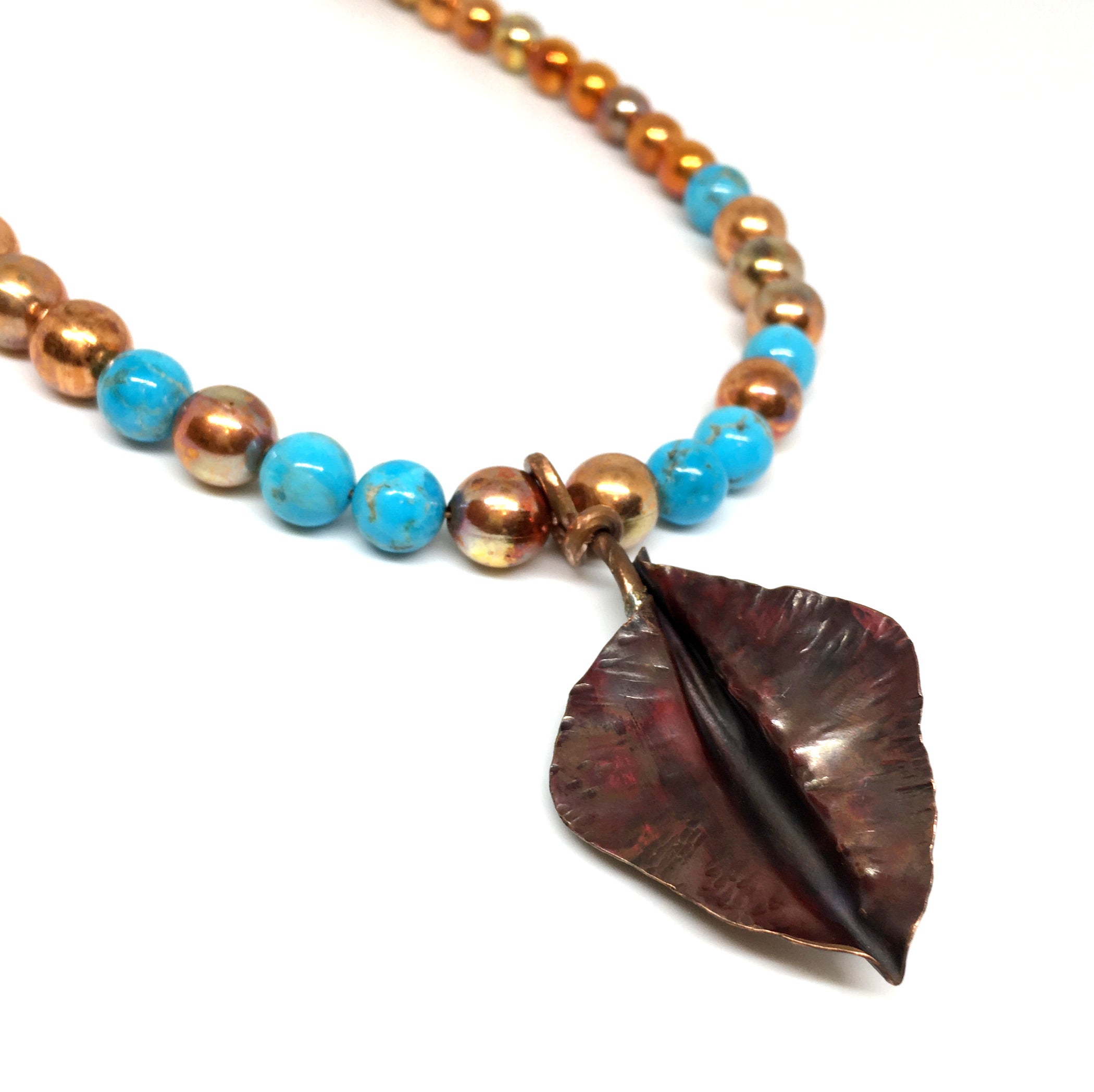 Kingman Turquoise and Flame Painted Copper Necklace with Hand Forged Copper Leaf - Sonoran Sunset Collection