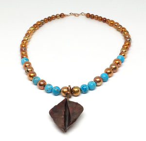 Kingman Turquoise and Flame Painted Copper Necklace with Hand Forged Copper Leaf - Sonoran Sunset Collection