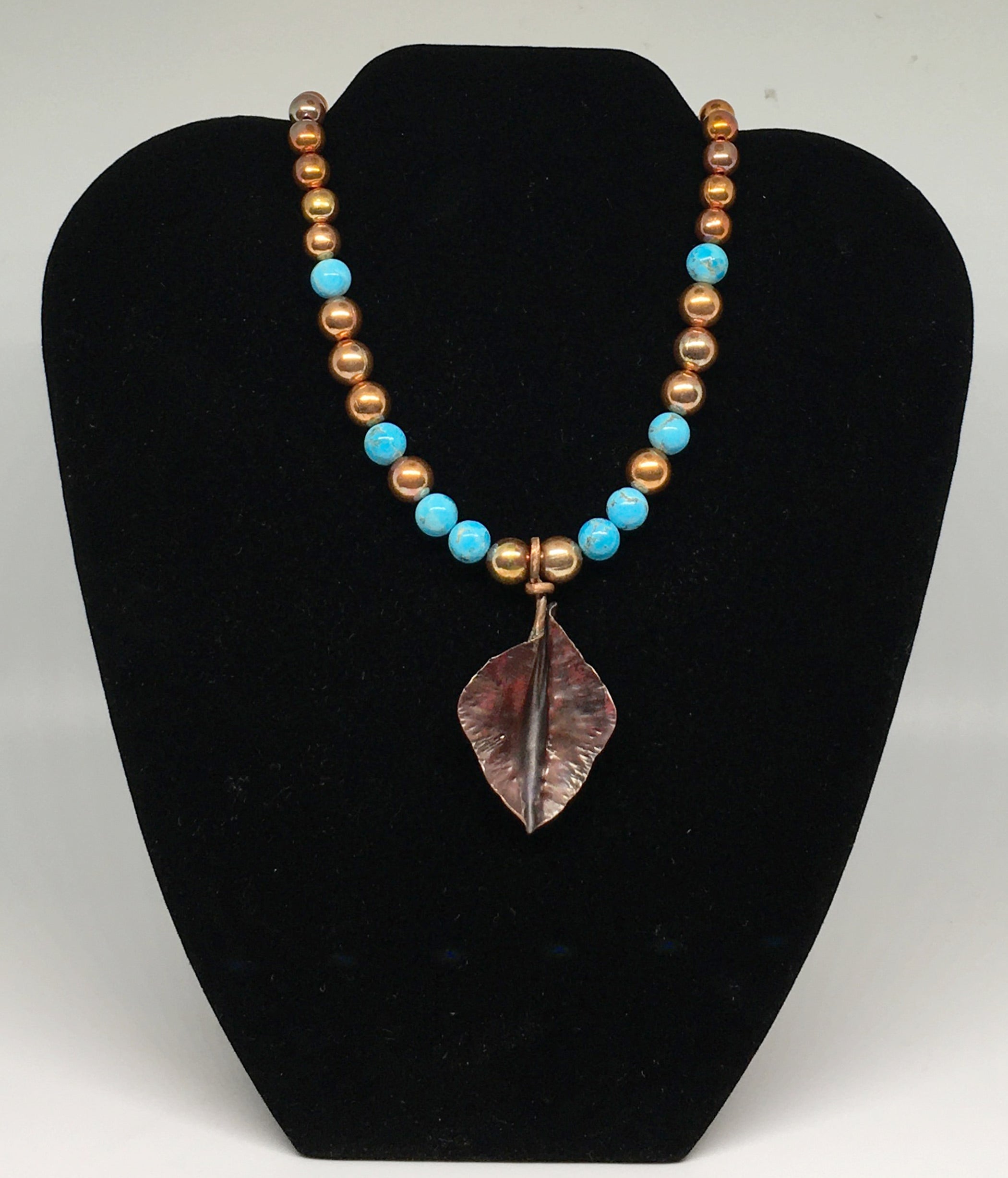 Kingman Turquoise and Flame Painted Copper Necklace with Hand Forged Copper Leaf - Sonoran Sunset Collection