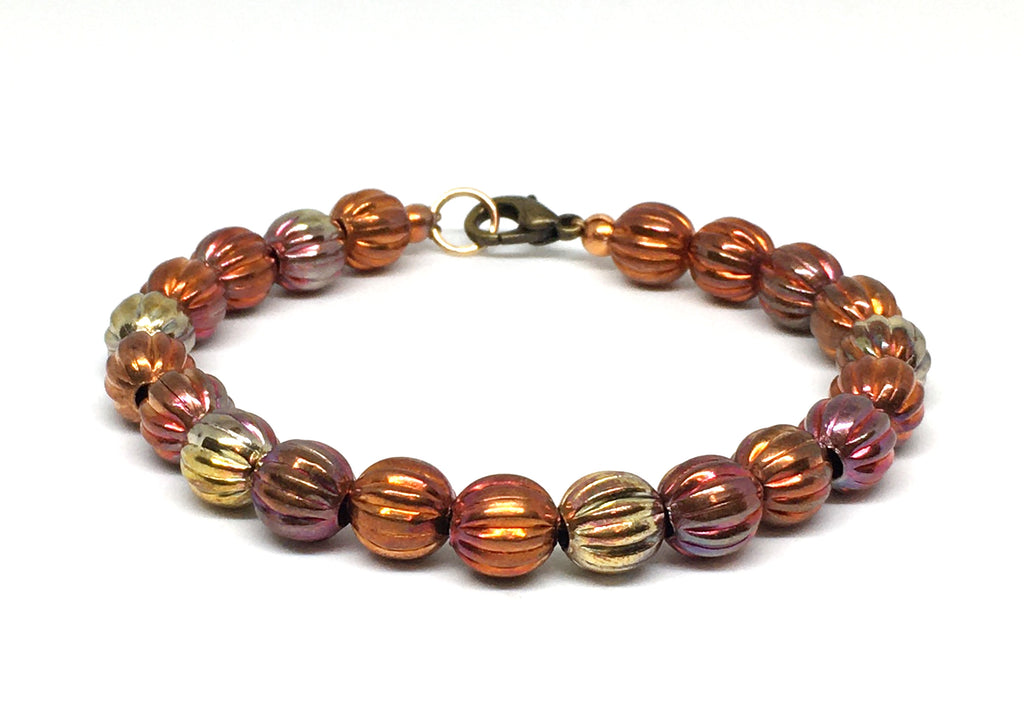 sonoran sunset flame painted corrugated copper bead bracelet - large 8mm bead