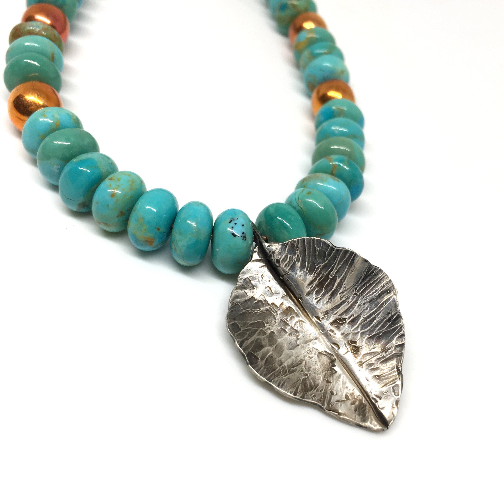 Kingman Turquoise, Apache Gold Gemstone and Flame Painted Copper Necklace with Hand Forged Silver Leaf - Sonoran Sunset Collection