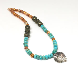 Kingman Turquoise, Apache Gold Gemstone and Flame Painted Copper Necklace with Hand Forged Silver Leaf - Sonoran Sunset Collection