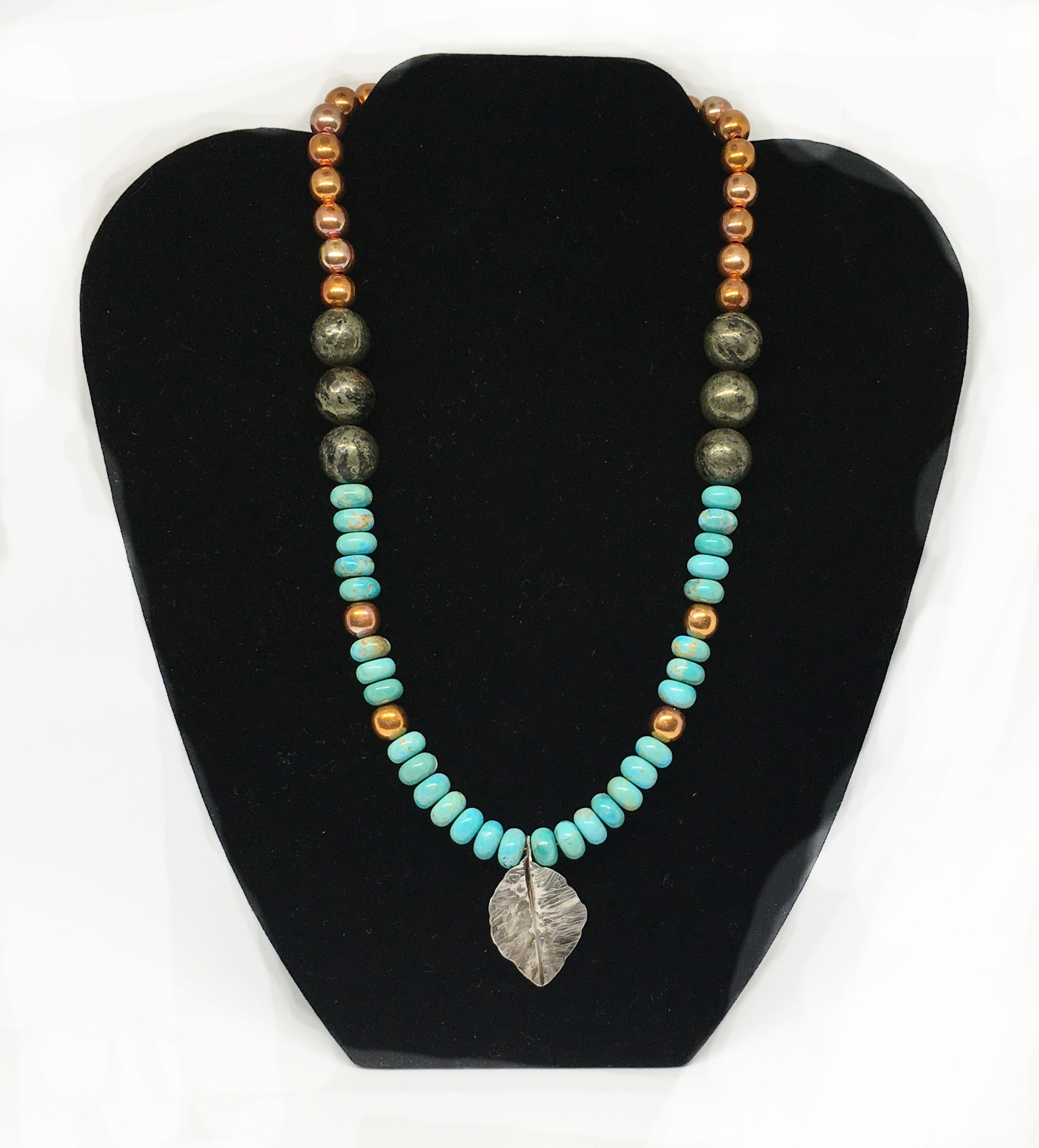 Kingman Turquoise, Apache Gold Gemstone and Flame Painted Copper Necklace with Hand Forged Silver Leaf - Sonoran Sunset Collection