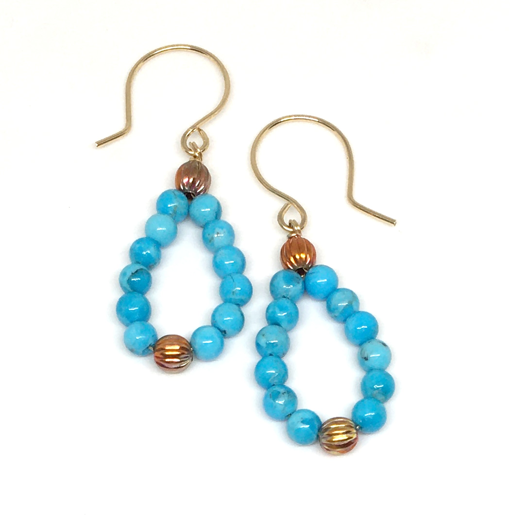 Kingman Turquoise and Flame Painted Copper Bead Hoop Earrings - Sonoran Sunset Collection