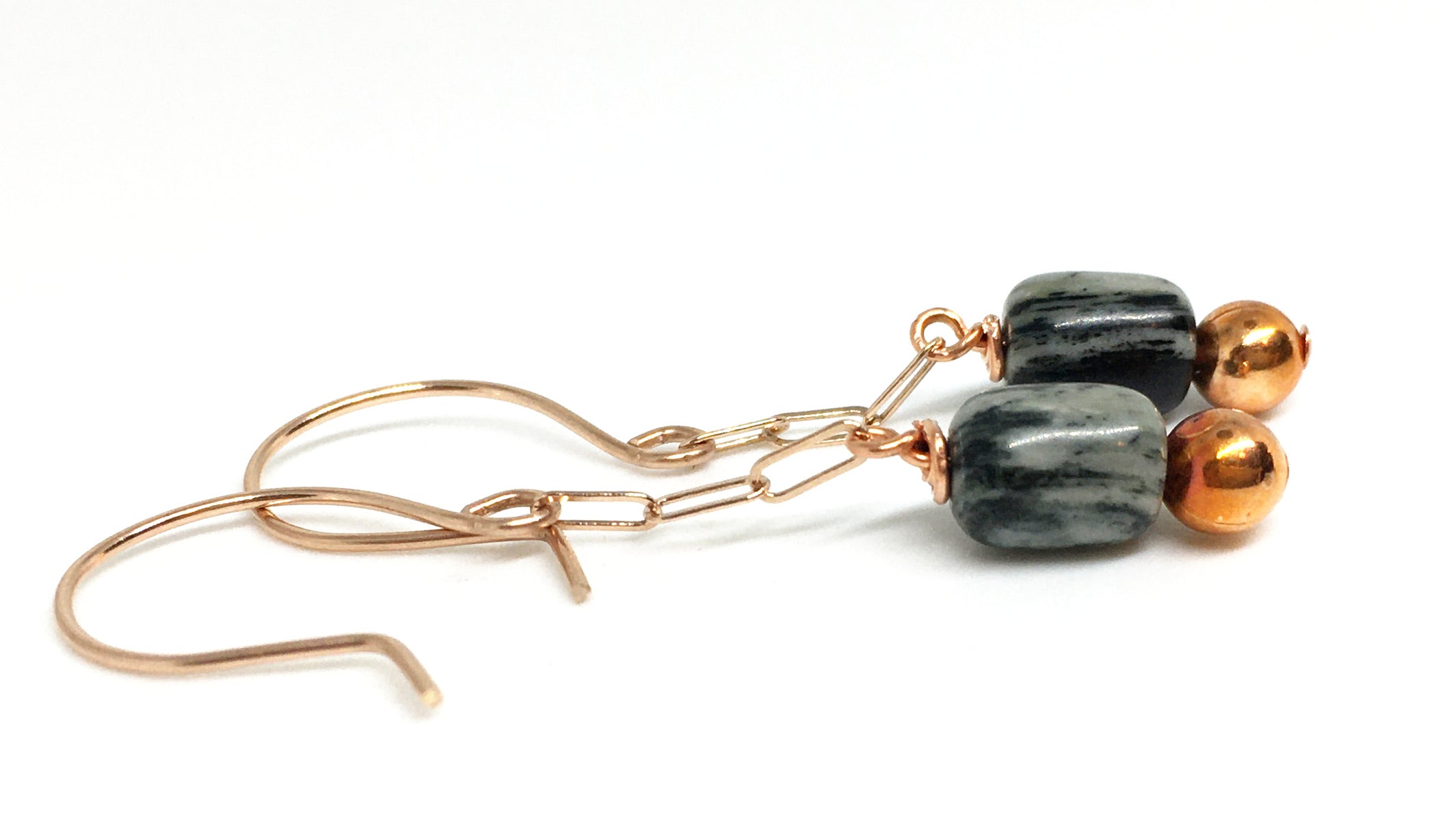 arizona silver mist and flame painted copper bead dangle earrings - rose gold filled earwires