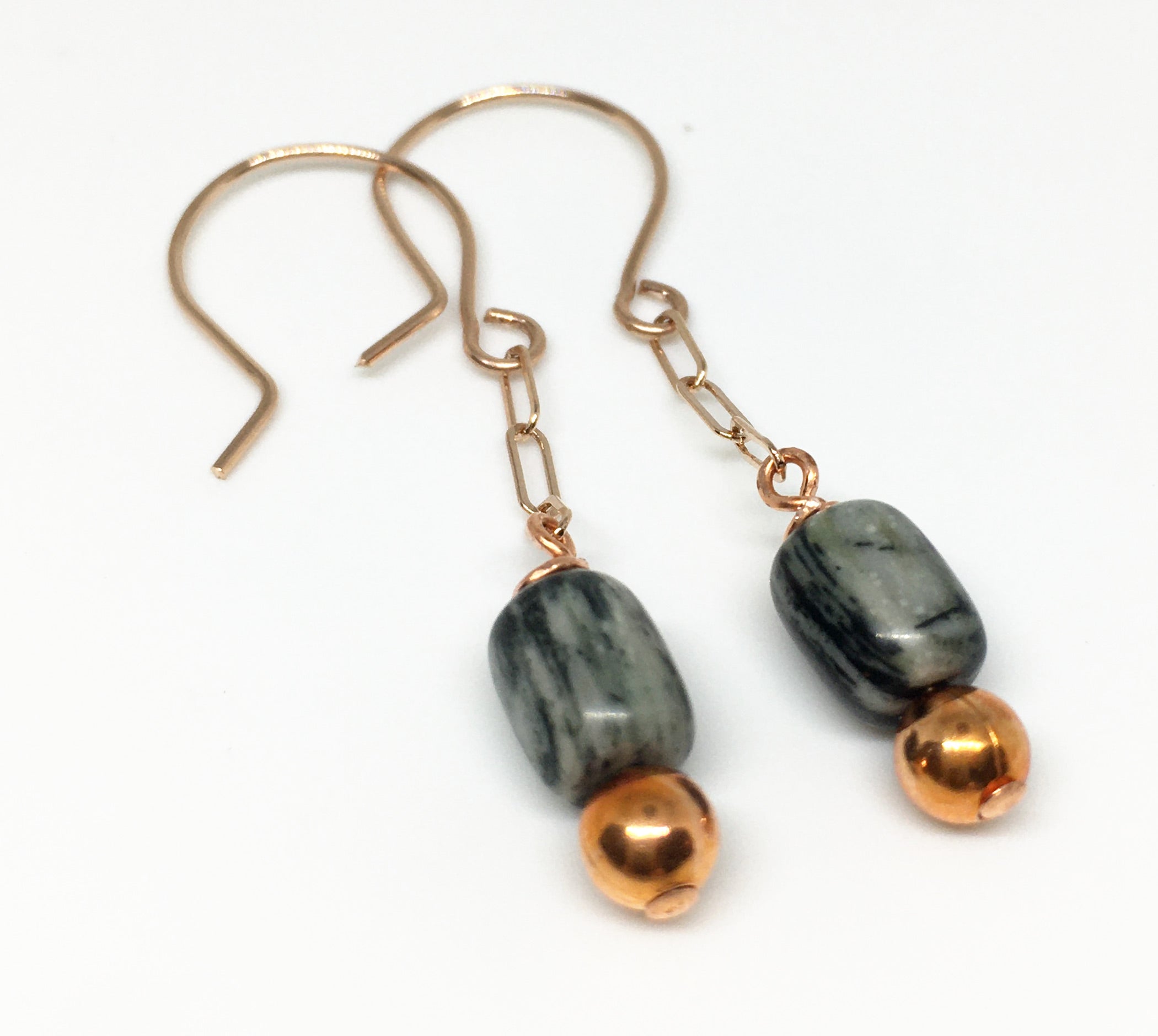 Silver Mist Gemstone and Flame Painted Copper Bead Earrings