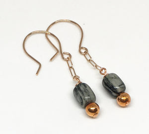 Silver Mist Gemstone and Flame Painted Copper Bead Earrings