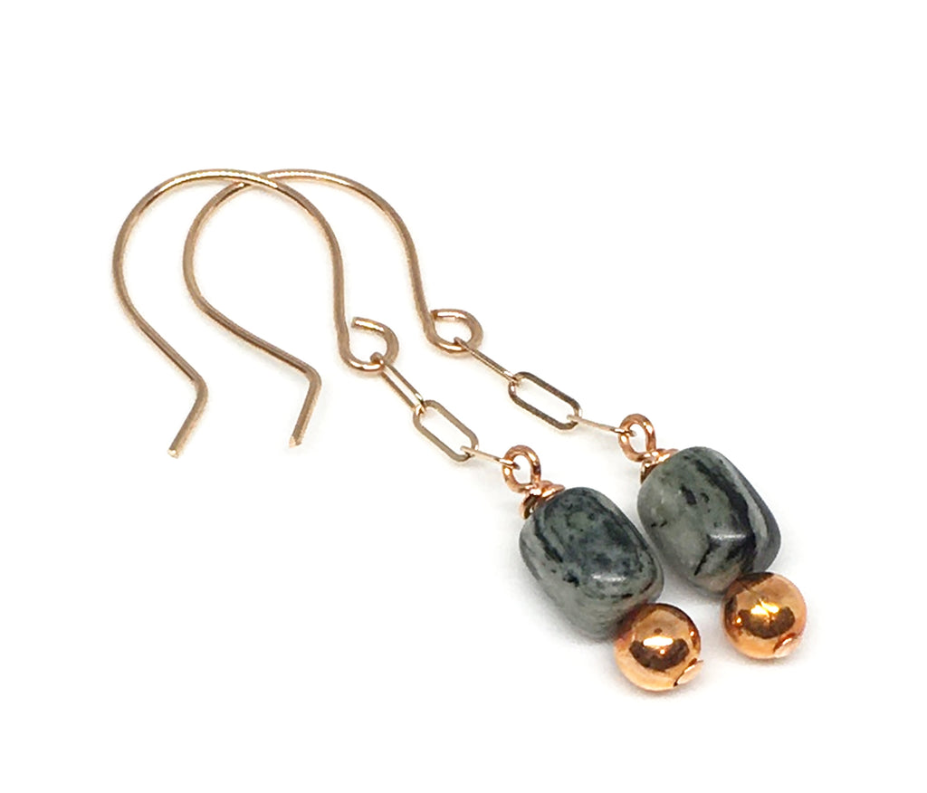 arizona silver mist and flame painted copper bead dangle earrings - rose gold filled earwires