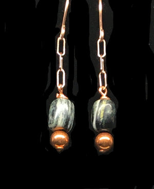 Silver Mist Gemstone and Flame Painted Copper Bead Earrings