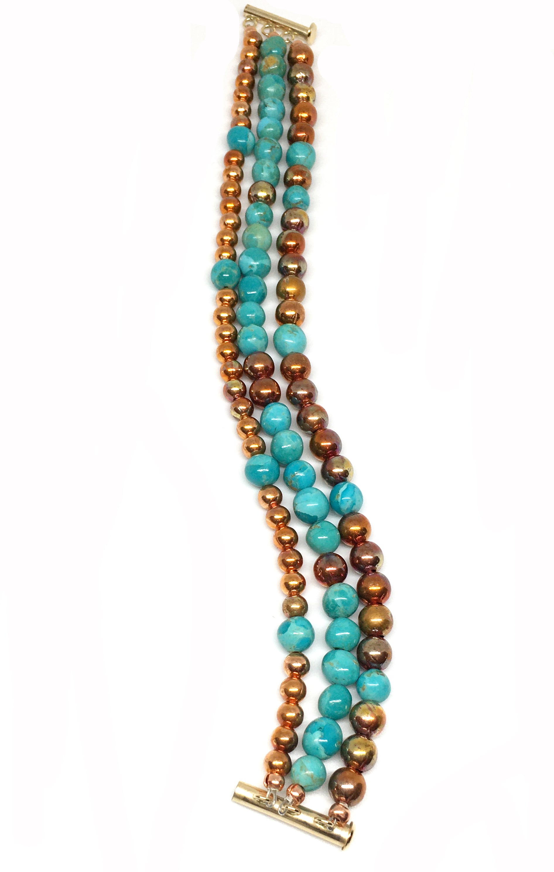 Triple Strand Kingman Turquoise and Flame Painted Copper Bead Bracelet