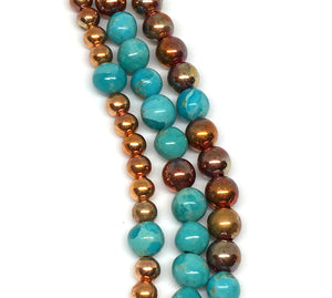 Triple Strand Kingman Turquoise and Flame Painted Copper Bead Bracelet