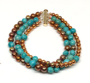 triple strand kingman turquoise and flame painted copper bead bracelet