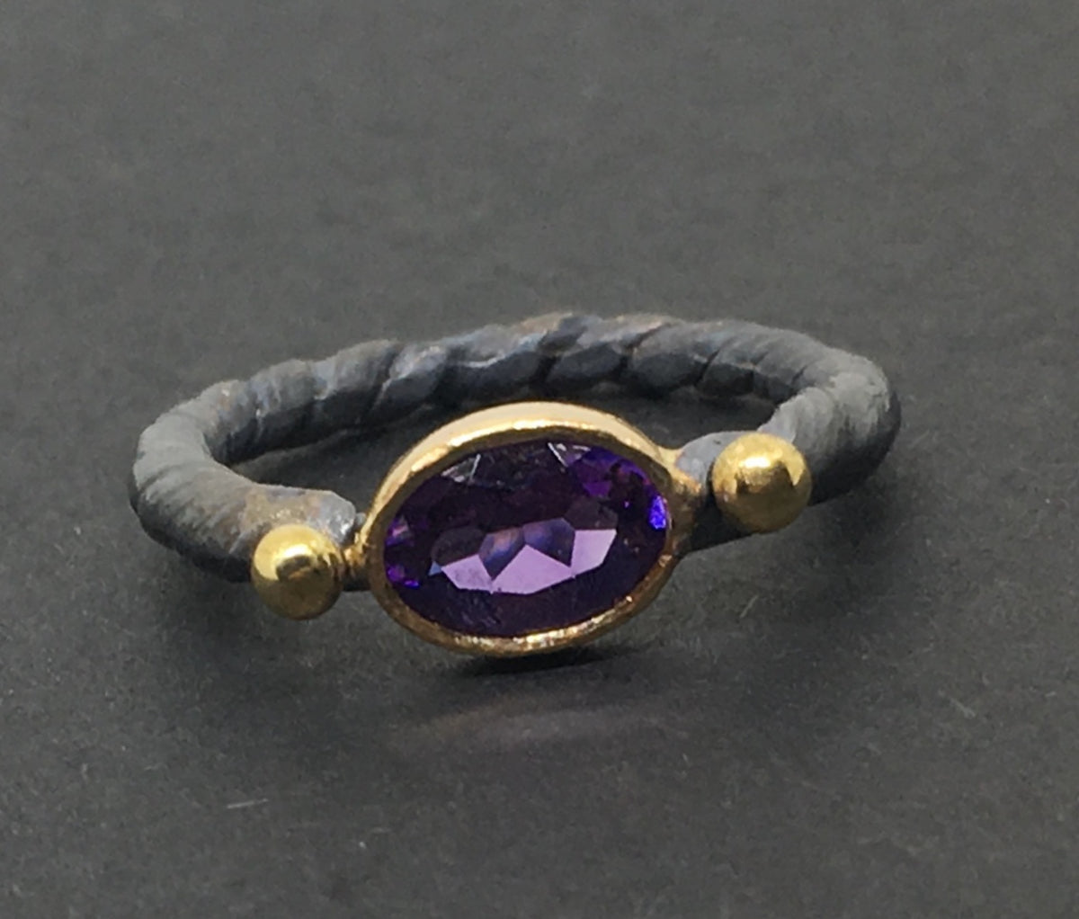 Black Sterling Silver and 14K Yellow Gold Amethyst Ring