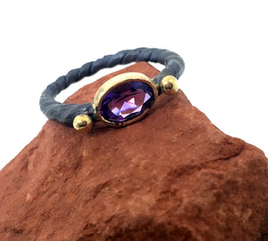 Black Sterling Silver and 14K Yellow Gold Amethyst Ring