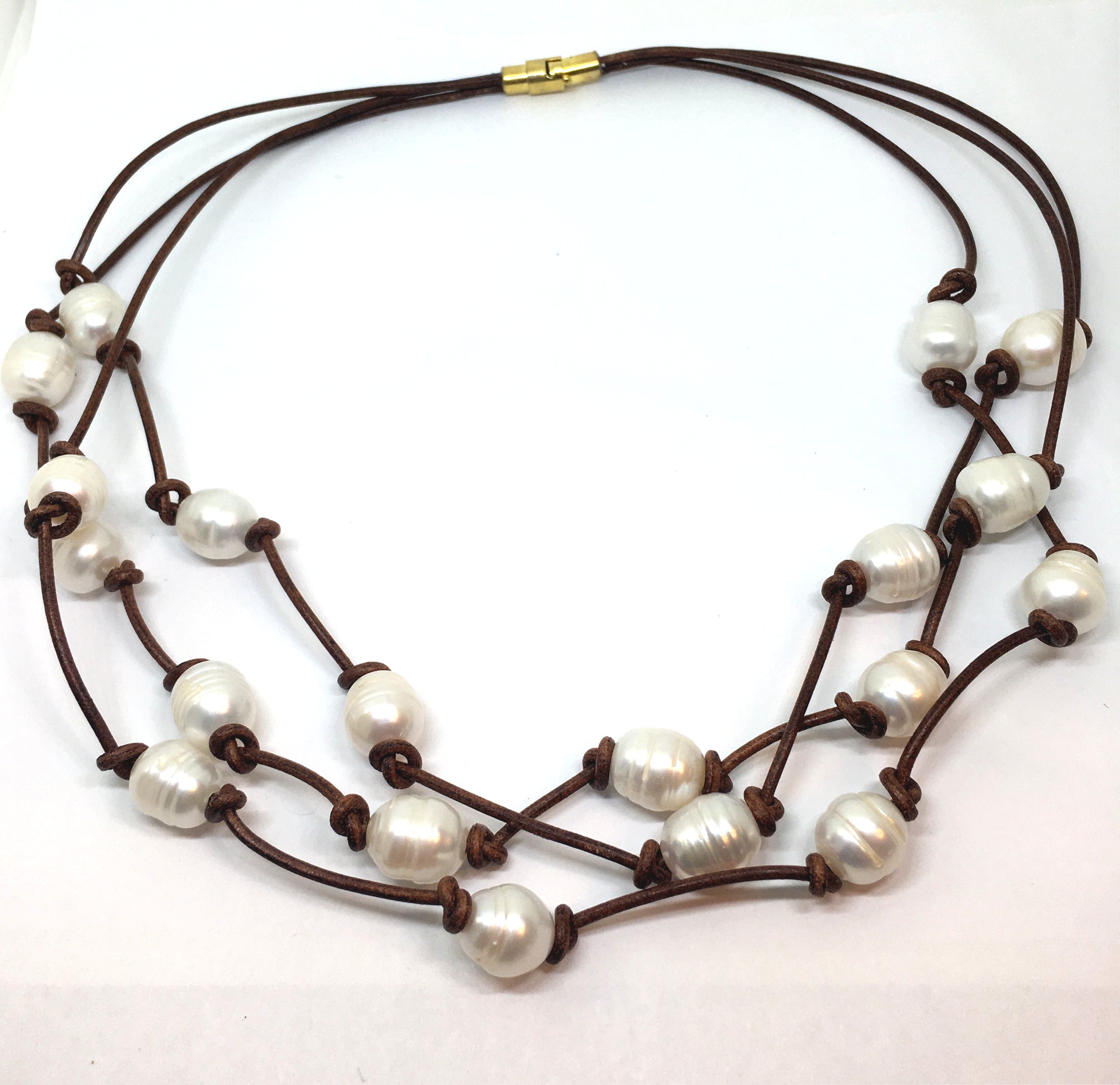 White Baroque Pearl Knotted Brown Leather Triple Strand Necklace