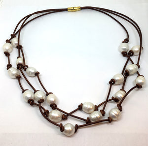 White Baroque Pearl Knotted Brown Leather Triple Strand Necklace