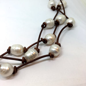 White Baroque Pearl Knotted Brown Leather Triple Strand Necklace