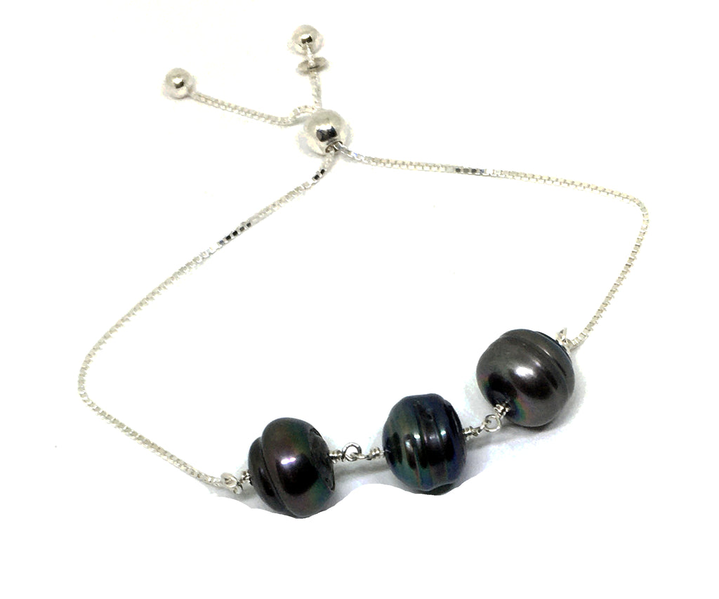 Baroque Black Pearl Bolo Bracelet in Sterling Silver