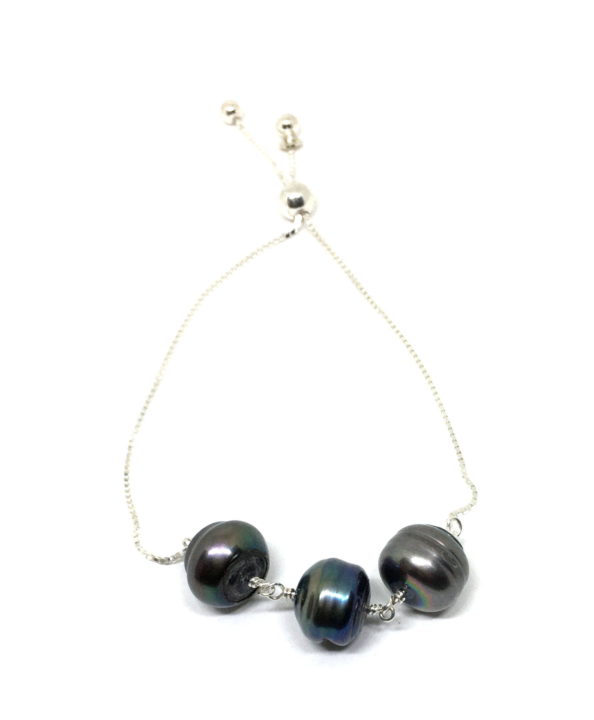 Baroque Black Pearl Bolo Bracelet in Sterling Silver