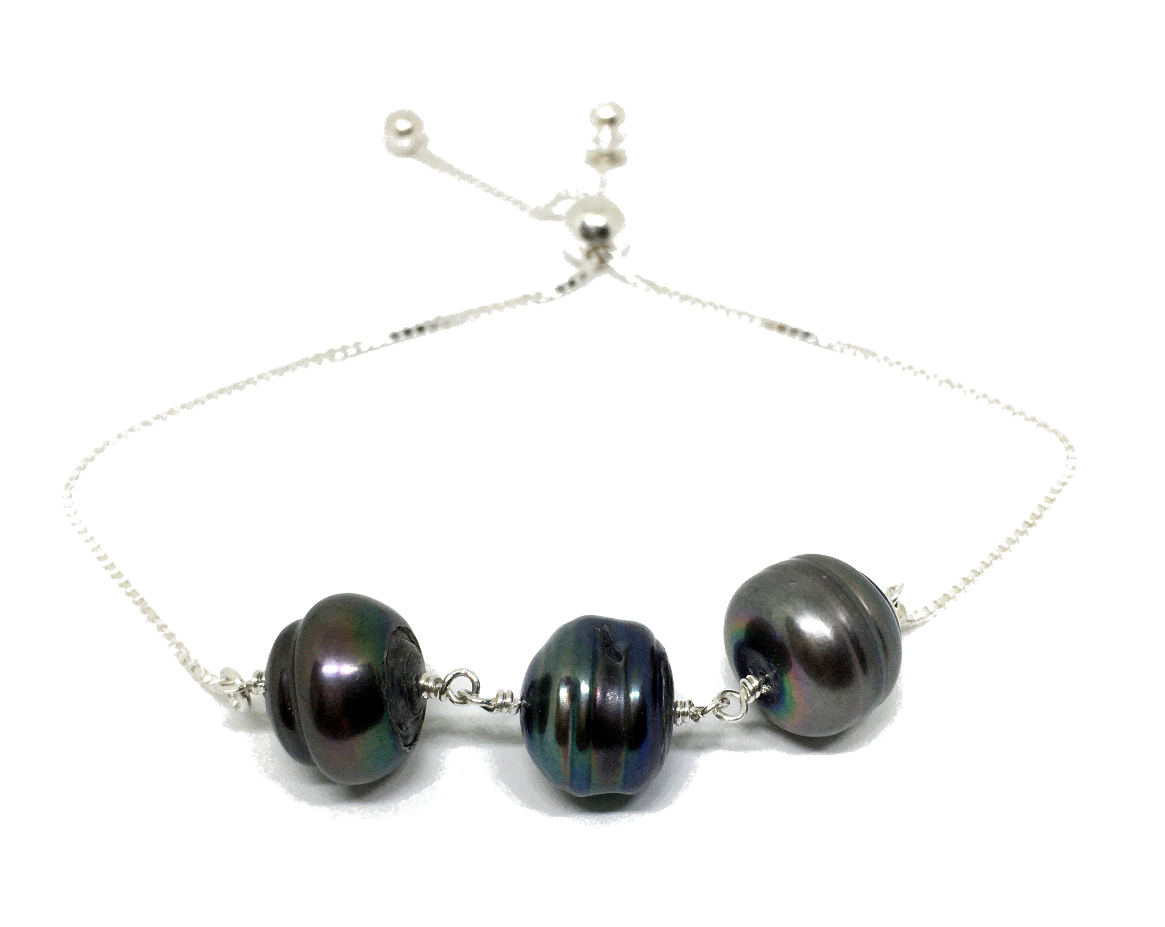 Baroque Black Pearl Bolo Bracelet in Sterling Silver