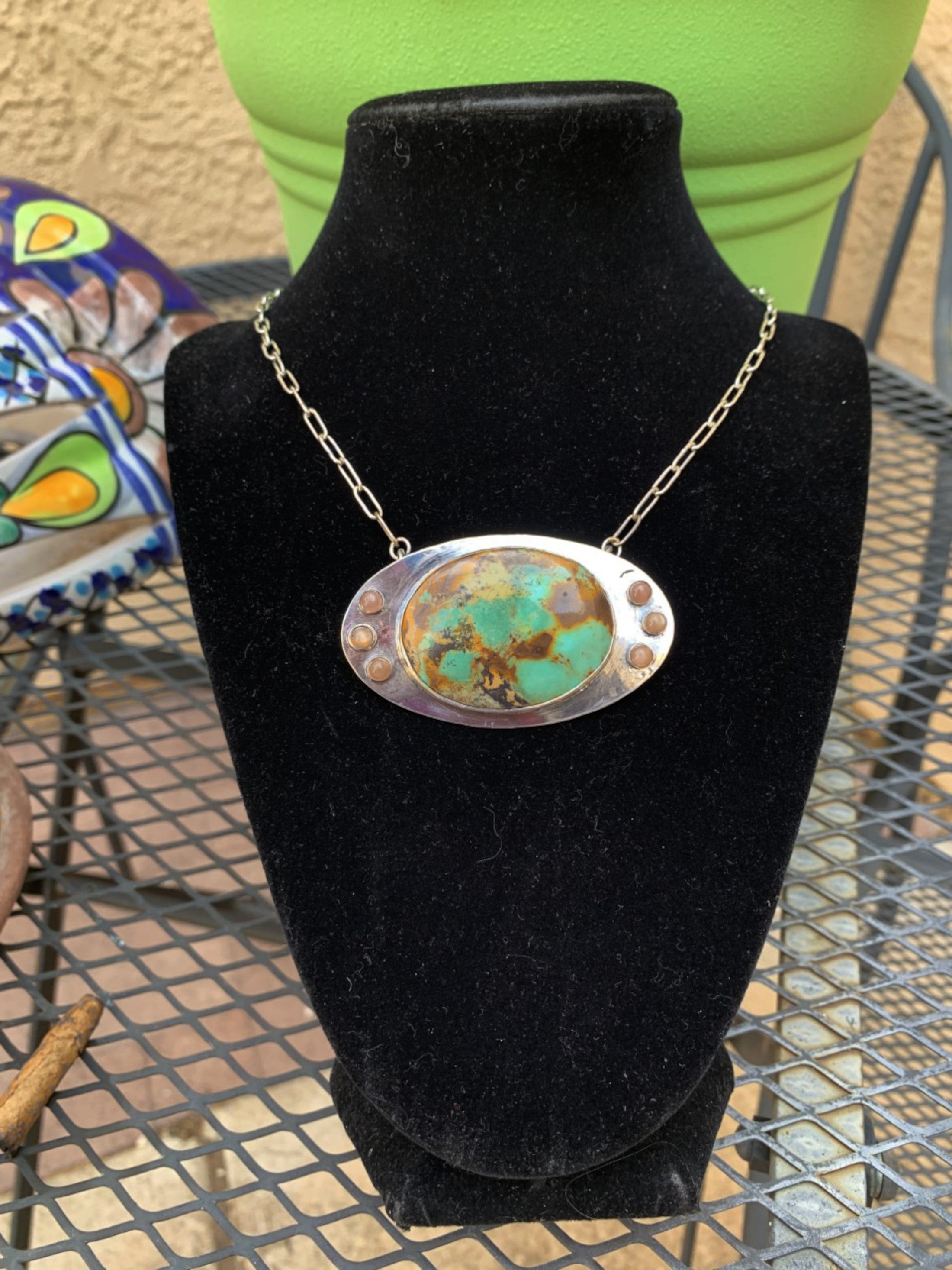 Turquoise and Peach Moonstone Pendant Necklace in Sterling Silver with Handmade Argentium Chain, Magnetic Clasp and Mountain Scene