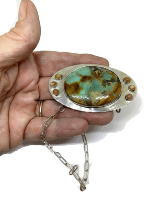 Turquoise and Peach Moonstone Pendant Necklace in Sterling Silver with Handmade Argentium Chain, Magnetic Clasp and Mountain Scene