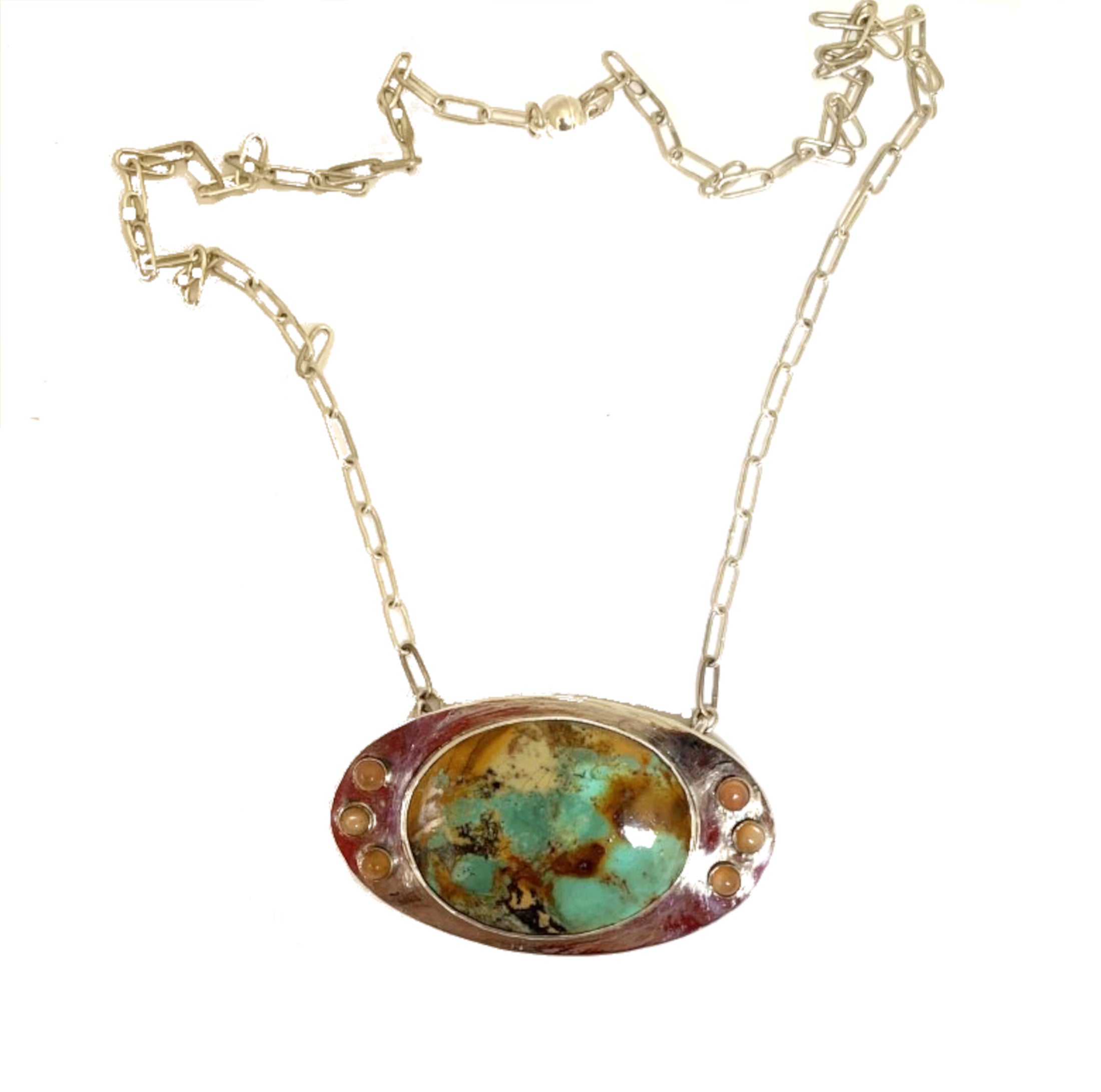 Turquoise and Peach Moonstone Pendant Necklace in Sterling Silver with Handmade Argentium Chain, Magnetic Clasp and Mountain Scene
