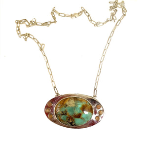 Turquoise and Peach Moonstone Pendant Necklace in Sterling Silver with Handmade Argentium Chain, Magnetic Clasp and Mountain Scene
