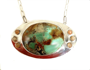 Turquoise and Peach Moonstone Pendant Necklace in Sterling Silver with Handmade Argentium Chain, Magnetic Clasp and Mountain Scene