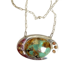 Turquoise and Peach Moonstone Pendant Necklace in Sterling Silver with Handmade Argentium Chain, Magnetic Clasp and Mountain Scene