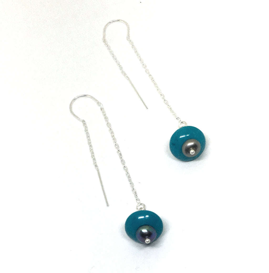 Turquoise and Pearl Threader Earrings in Sterling Silver