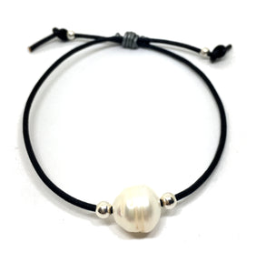 adjustable black leather bracelet with baroque white pearl and silver beads
