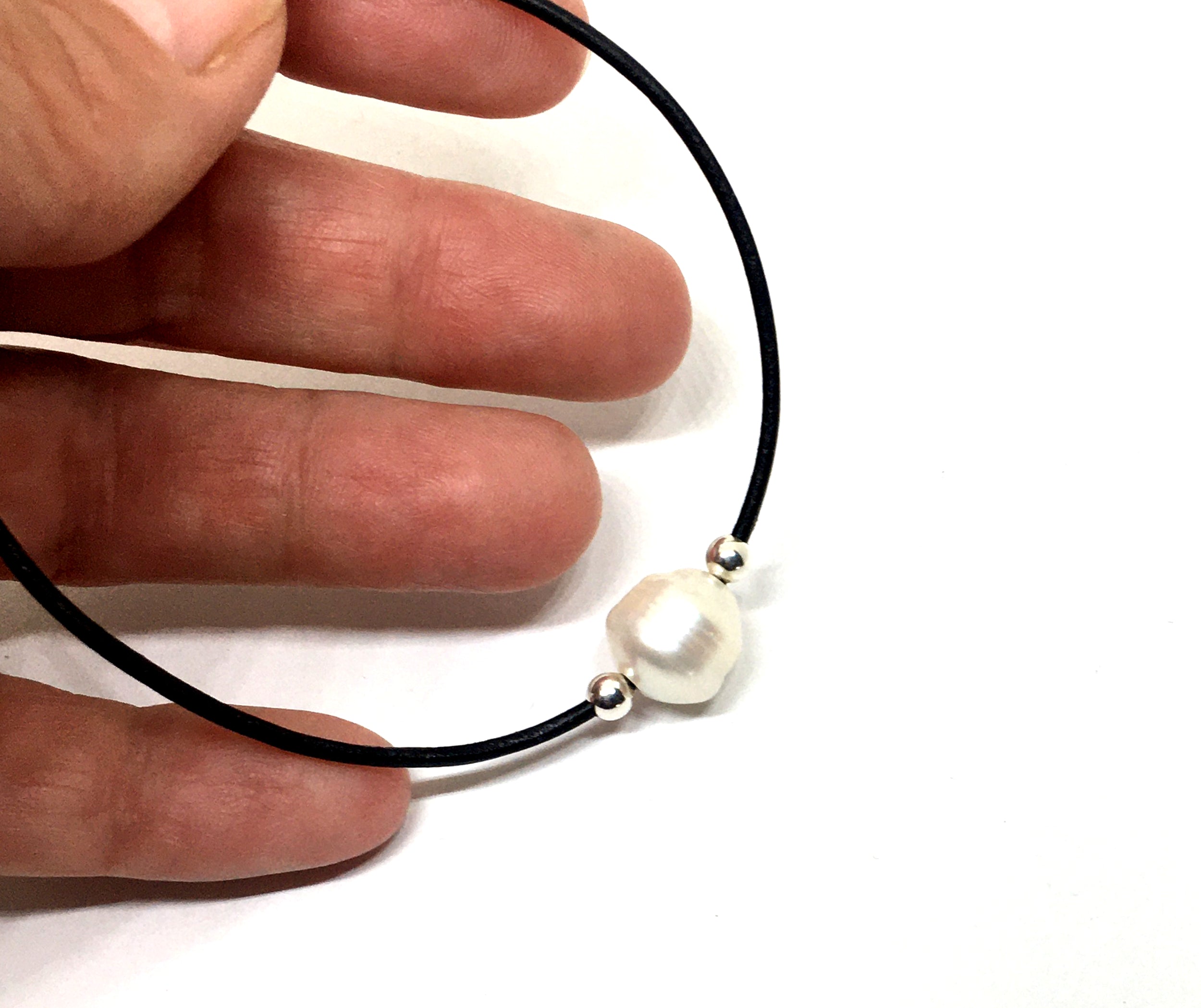 Baroque White Pearl Adjustable Black Leather Bracelet