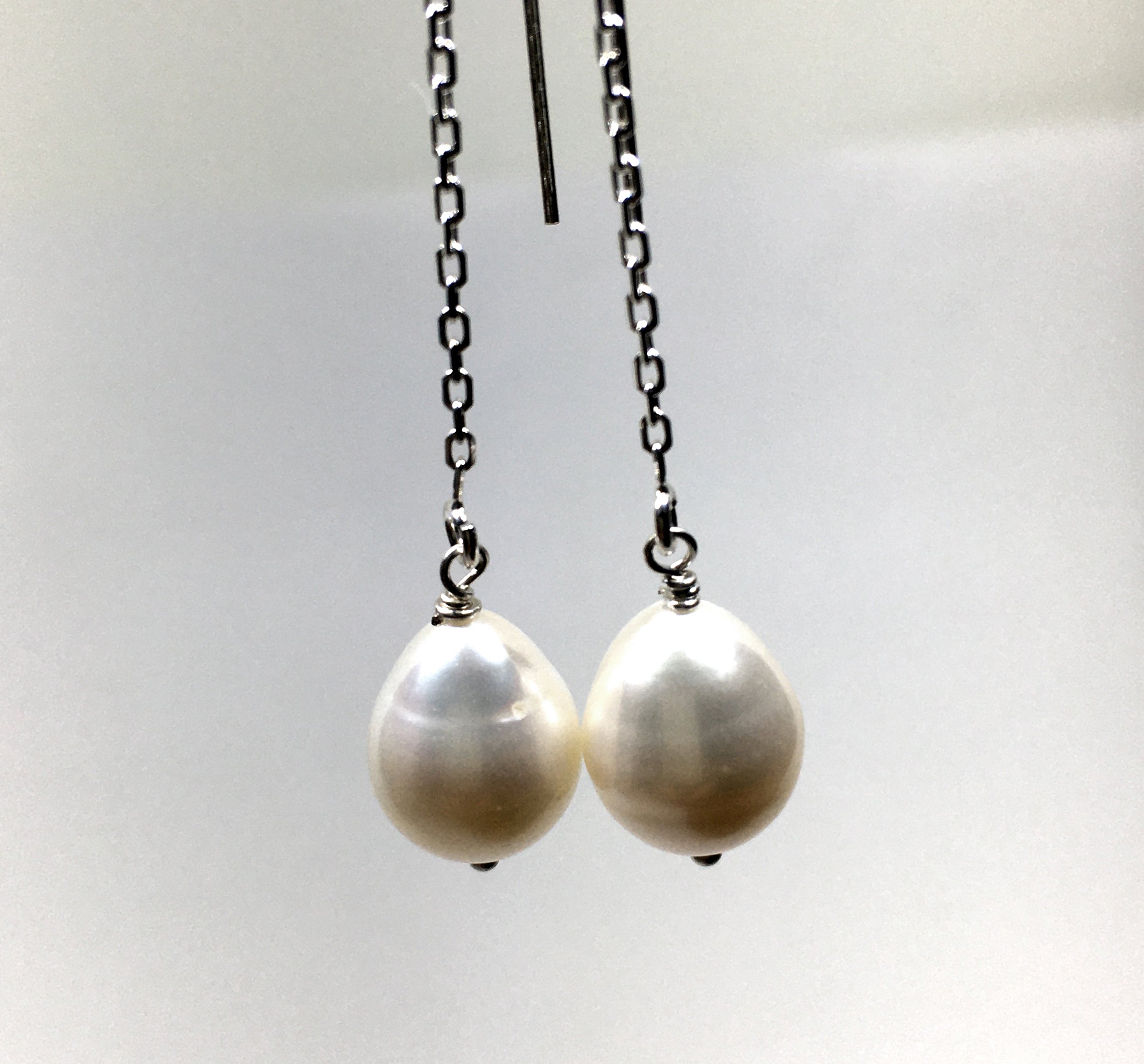 Cultured Freshwater White Pearl Threader Earrings in Sterling Silver