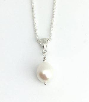 Pear Shaped Freshwater White Pearl Pendant Necklace on Sterling Silver Cable Chain