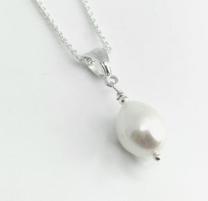 Pear Shaped Freshwater White Pearl Pendant Necklace on Sterling Silver Cable Chain
