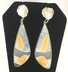 yellow and gray jasper earrings with hand forged sterling silver leaves