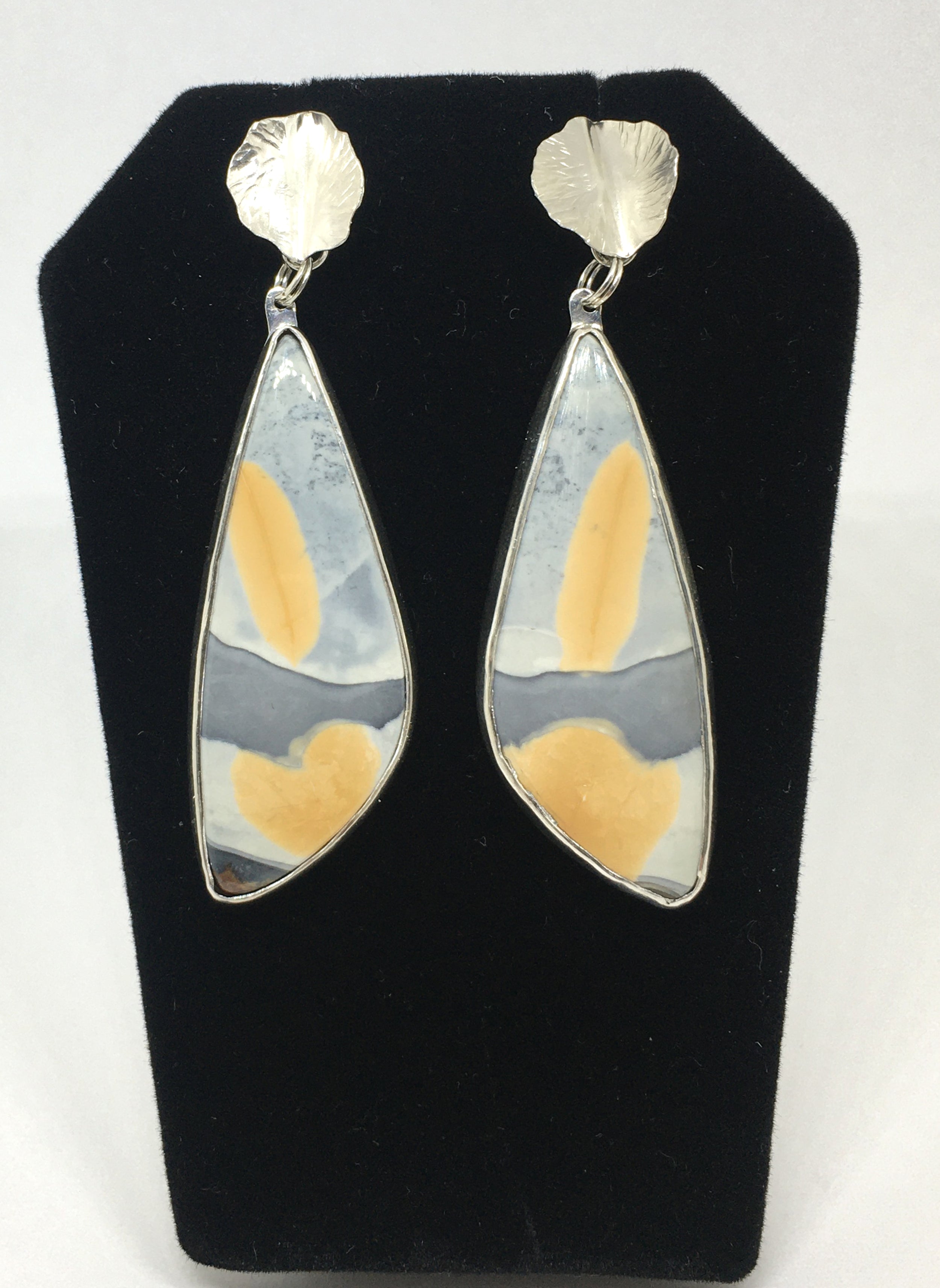 (SOLD) Yellow and Gray Jasper Earrings with Hand Forged Sterling Silver Leaves