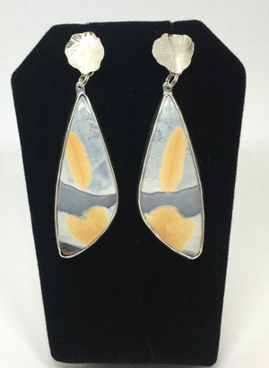 Yellow and Gray Jasper Earrings with Hand Forged Sterling Silver Leaves