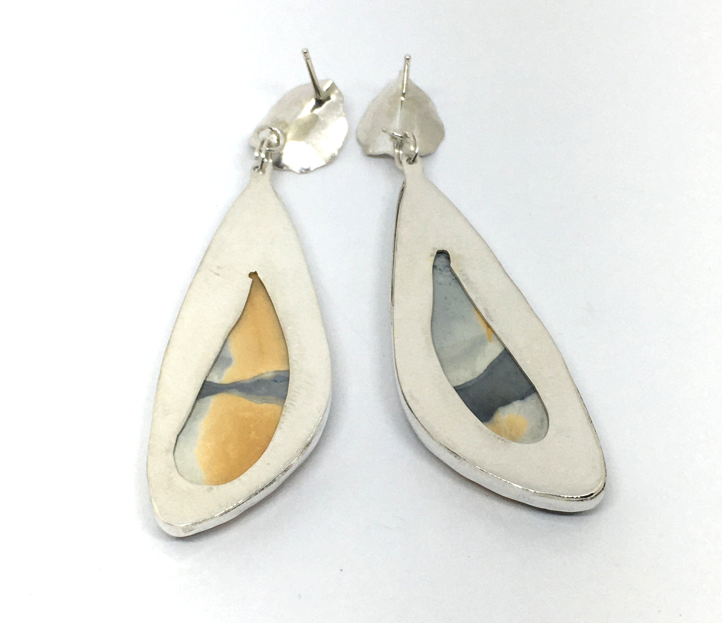 (SOLD) Yellow and Gray Jasper Earrings with Hand Forged Sterling Silver Leaves